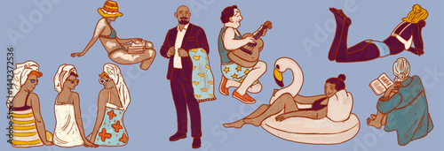 People of different genders and ages relaxing on the beach. Clipart illustration of nine men and women on a transparent isolated background. Sticker resort vacation, pool relax.