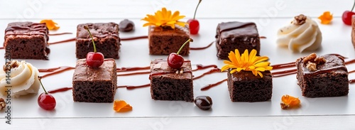 Obraz na płótnie Assorted brownies, cherries, flowers, and whipped cream arranged on a platter. w salonie