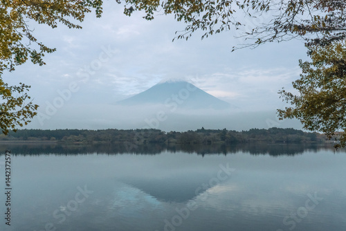 View of Tanuki lake with maple trees in the evening