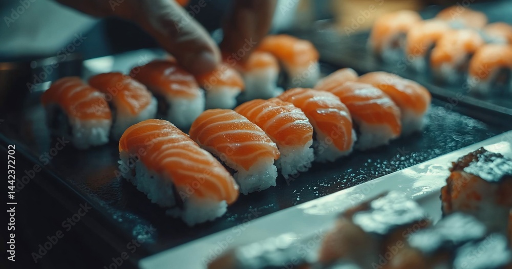 Close-up of chef arranging salmon sushi on a tray.