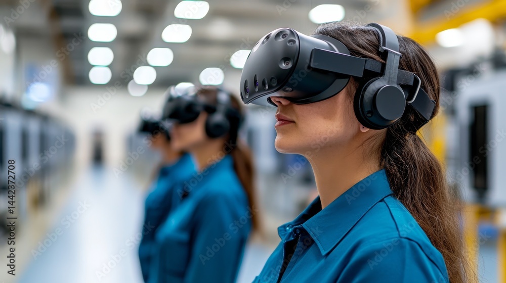 Employee Engages in Virtual Reality Workshop with VR Headset in Innovative Workplace Setting Employee Engages in Virtual Reality Workshop with VR Headset in Innovative Workplace Setting