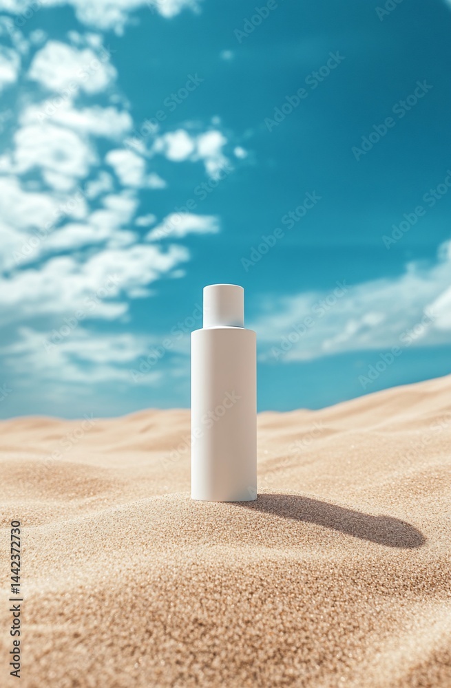 White bottle mockup on a sandy beach under a bright blue sky.