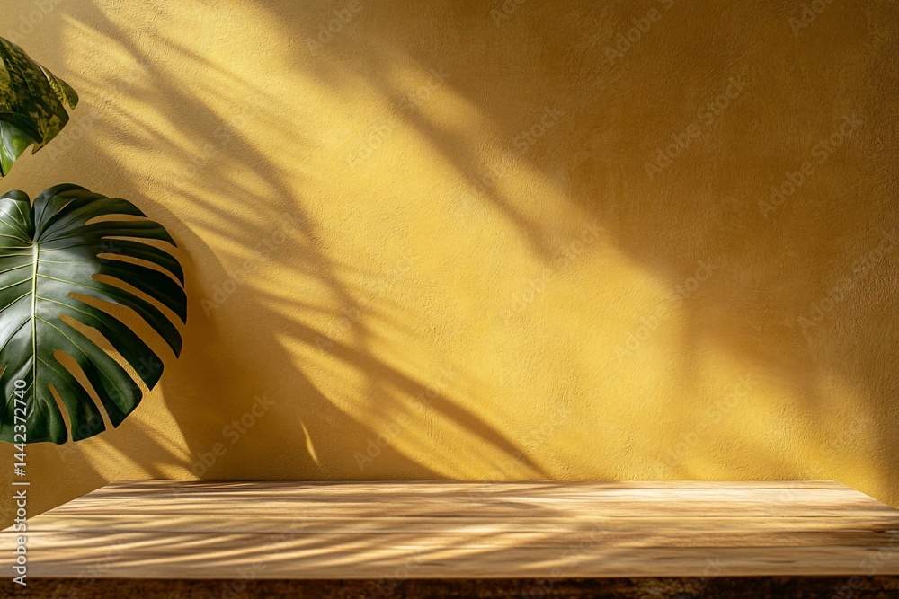 Wooden table with monstera leaf and sunlight shadows on yellow wall.