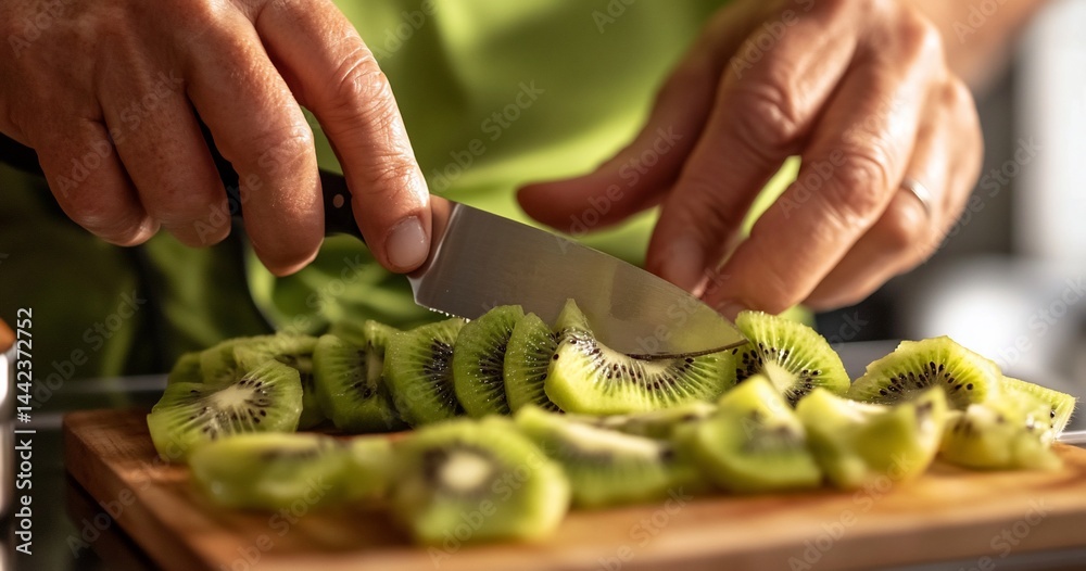 Close-up of hands slicing fresh kiwis on wooden board.