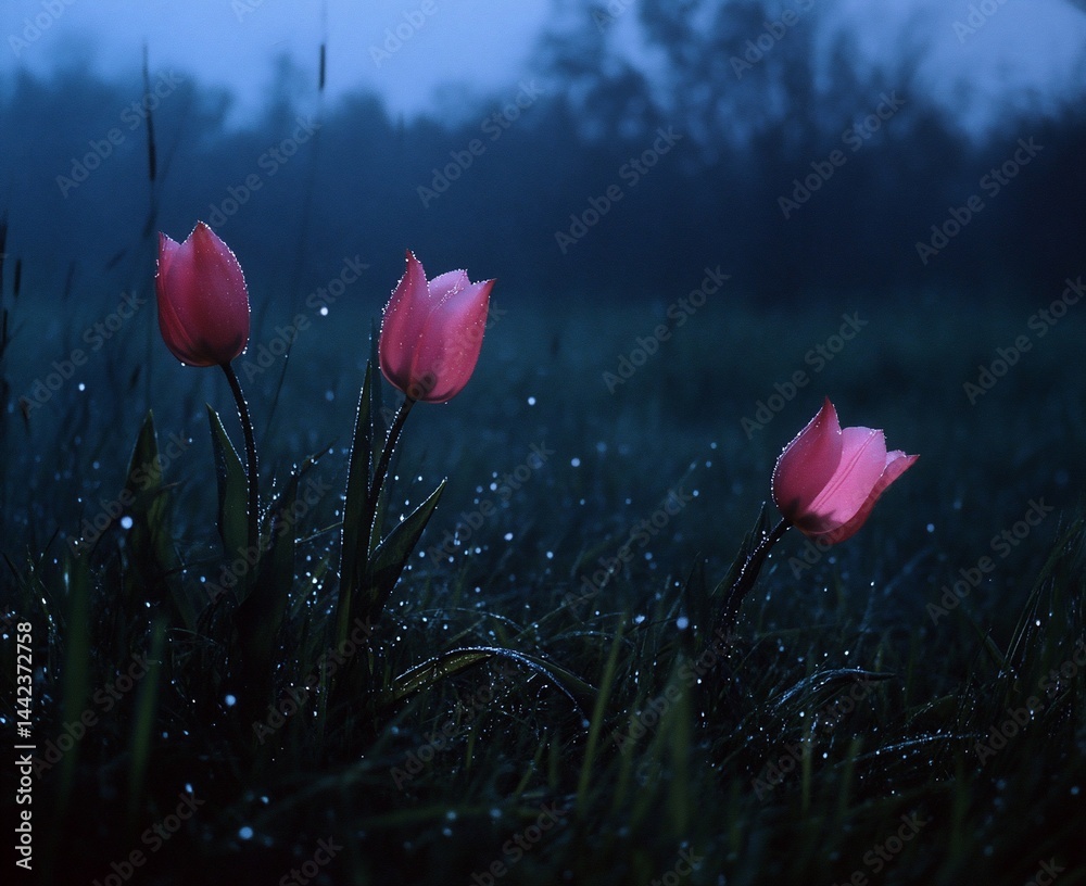 Three pink tulips illuminated by moonlight in a dewy field at night.