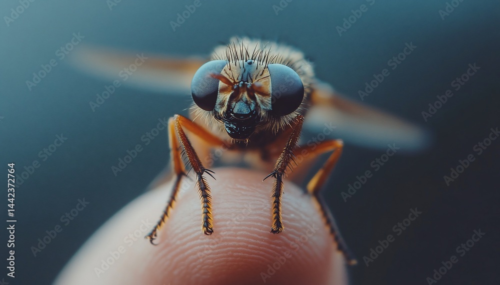 Close-up of a fly perched on a fingertip against a blurred background.