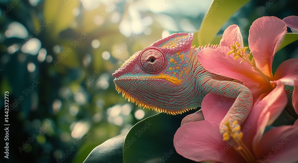Vibrant chameleon perched on a pink flower in lush greenery.