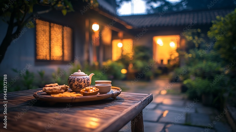 Evening tea ceremony in a tranquil Asian courtyard garden with illuminated house.