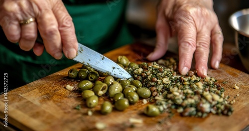 Close-up of hands chopping green olives and herbs on a wooden board.
