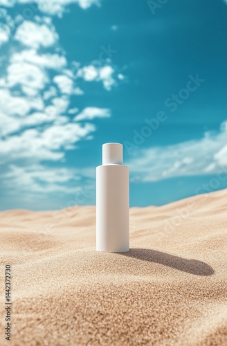 Obraz na płótnie White bottle mockup on a sandy beach under a bright blue sky. w salonie