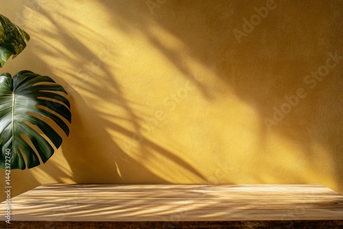 Obraz na płótnie Wooden table with monstera leaf and sunlight shadows on yellow wall. w salonie