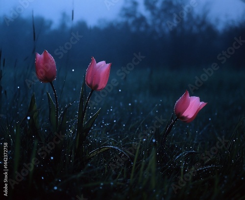 Obraz na płótnie Three pink tulips illuminated by moonlight in a dewy field at night. w salonie