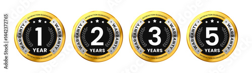Set of 1, 2, 3, 5 years warranty gold premium and elegant circle design. For product quality sticker luxury style. Vector Illustration