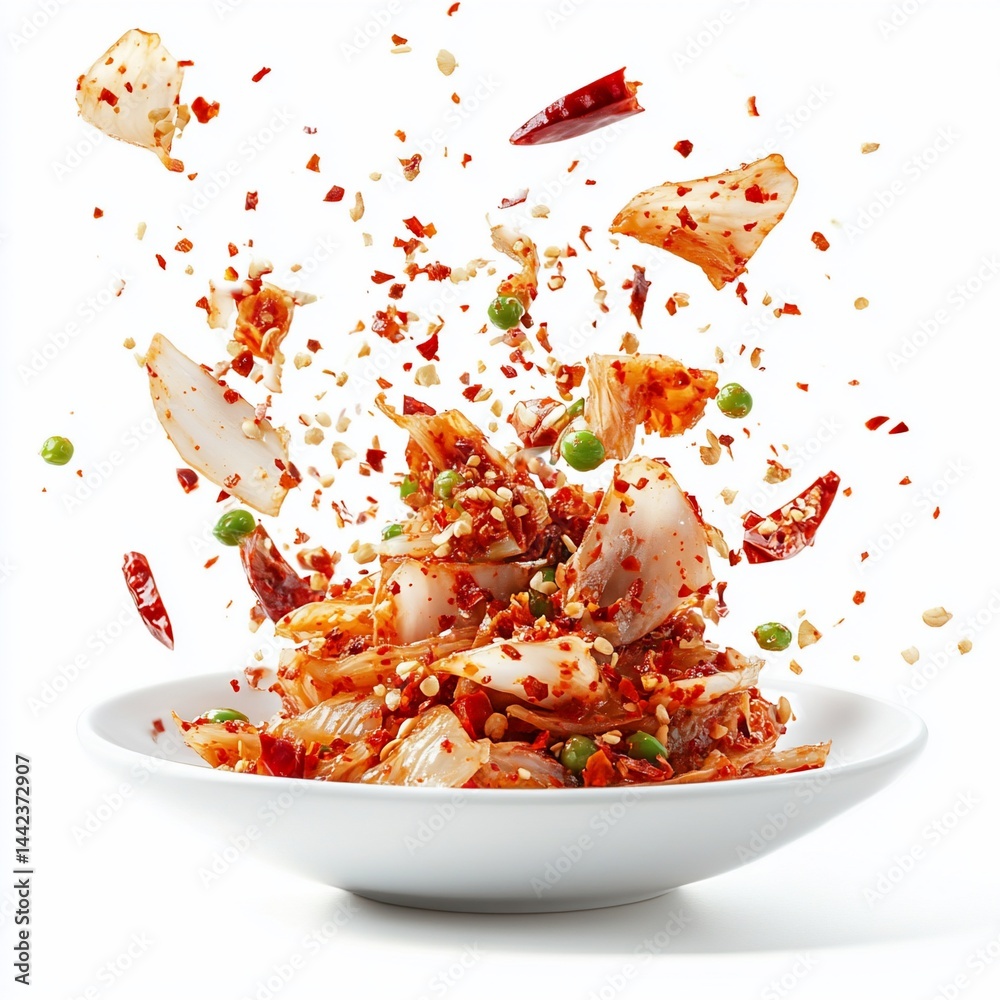 Spicy kimchi with chili flakes and peas exploding from a white bowl against a white background.