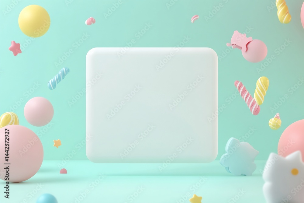 Pastel-colored candies and marshmallows float around a blank white square on a mint green background.