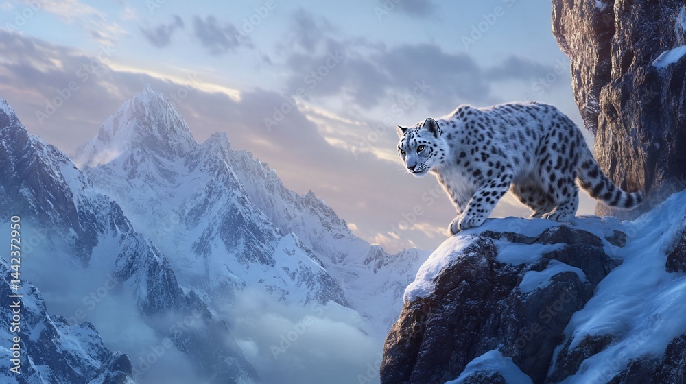 Majestic snow leopard perched on a snowy mountain peak at sunset, overlooking a stunning Himalayan landscape.