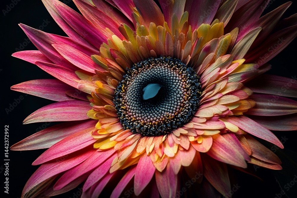 Close-up of a vibrant pink and yellow gerbera daisy against a black background, showcasing intricate details of petals and center.