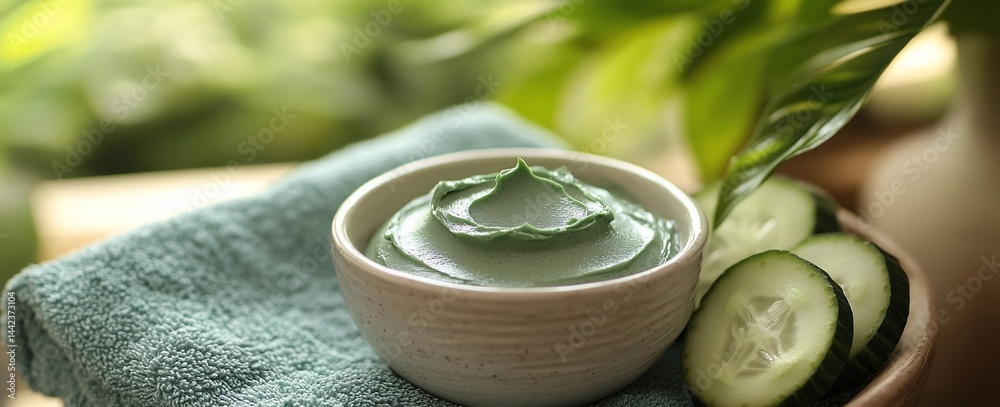 Green facial mask in bowl with cucumber slices on towel.