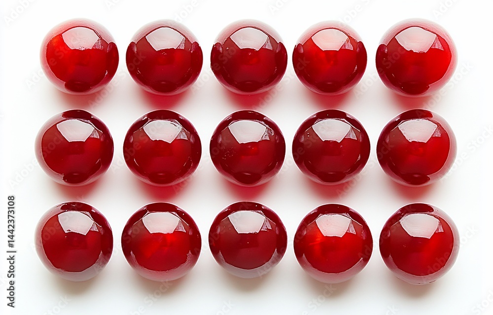 Overhead shot of sixteen shiny, red, spherical objects arranged in a grid pattern on a white background.