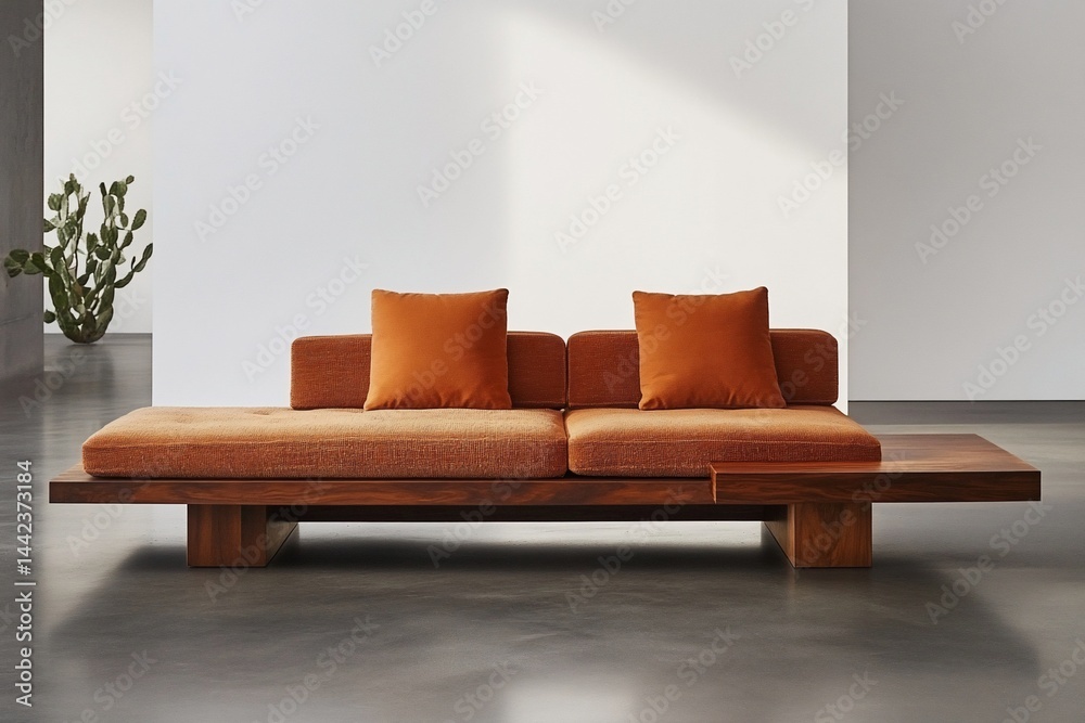 Modern wooden sofa with orange cushions in minimalist room.