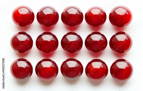 Obraz na płótnie Overhead shot of sixteen shiny, red, spherical objects arranged in a grid pattern on a white background. w salonie