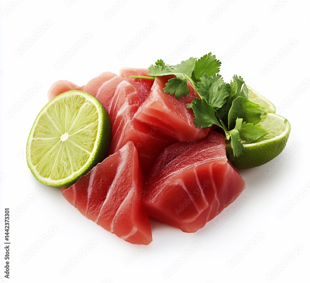 Fresh tuna steak cubes with lime and cilantro garnish, isolated on white background.