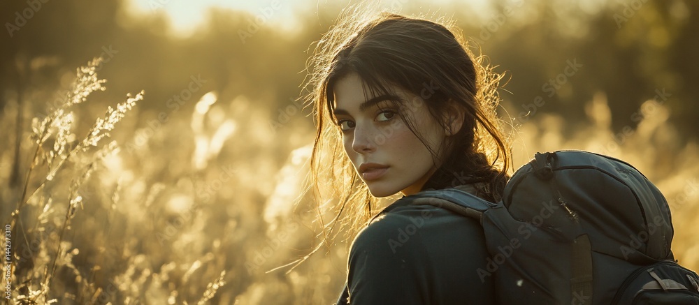 Young woman with backpack looking over shoulder in a field at sunset.