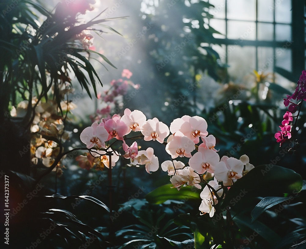 Sunlit pink and white orchids bloom in a lush greenhouse.