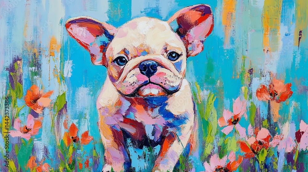 Colorful painting of a French Bulldog puppy in a field of flowers.