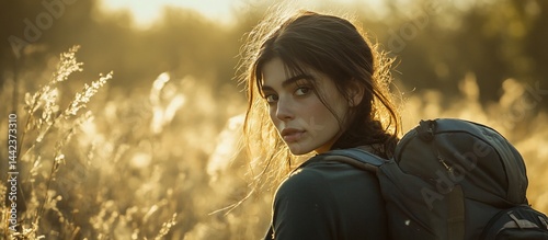 Obraz na płótnie Young woman with backpack looking over shoulder in a field at sunset. w salonie