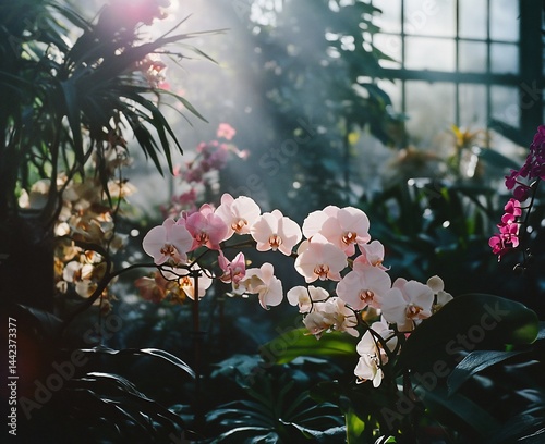 Obraz na płótnie Sunlit pink and white orchids bloom in a lush greenhouse. w salonie