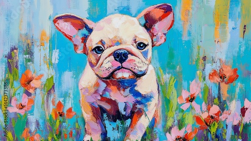 Obraz na płótnie Colorful painting of a French Bulldog puppy in a field of flowers. w salonie