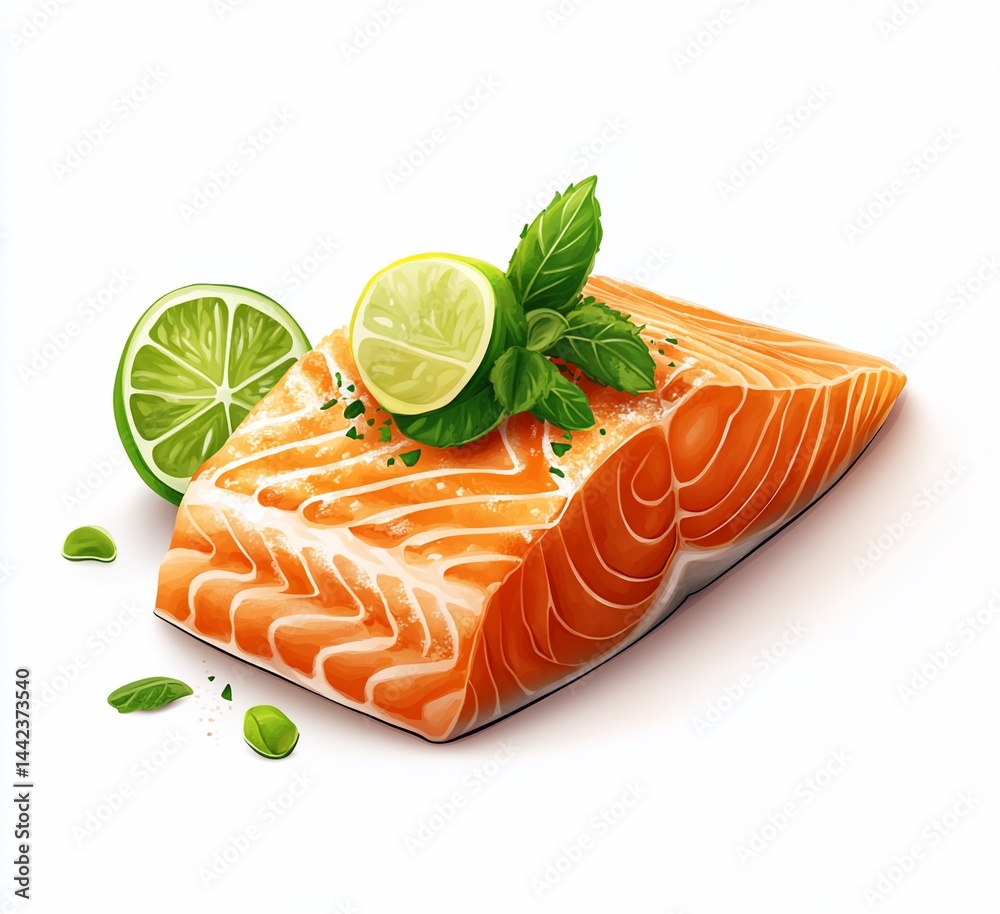 Fresh salmon fillet with lime and mint garnish isolated on white background. (1)