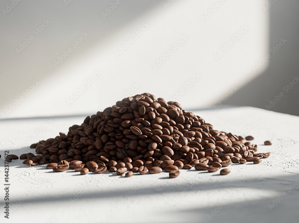 A large pile of roasted coffee beans sits on a white surface, illuminated by sunlight.