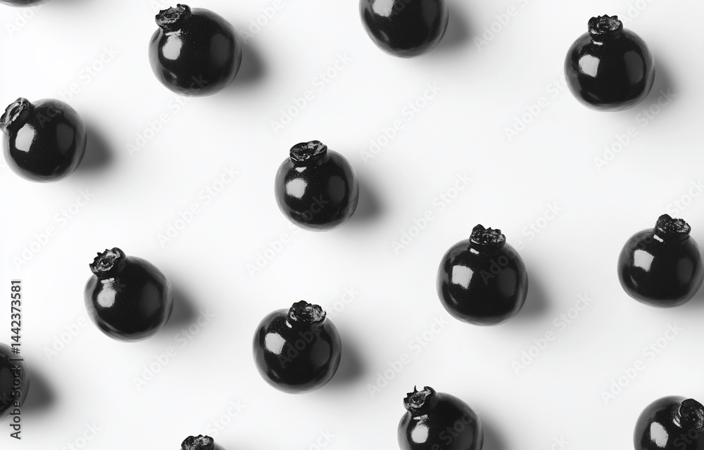 Flat lay of black blueberries arranged in a repeating pattern on a white background.