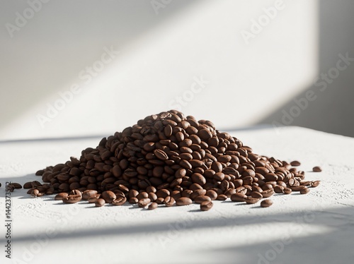 Obraz na płótnie A large pile of roasted coffee beans sits on a white surface, illuminated by sunlight. w salonie