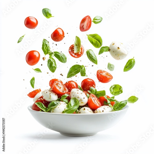 Fresh caprese salad with mozzarella, cherry tomatoes, and basil in a white bowl against a white background.