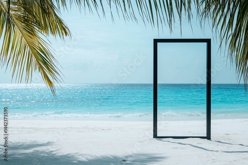 Obraz na płótnie Tropical beach scene with empty black frame on white sand, turquoise ocean, and palm leaves. w salonie