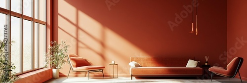Sunlit terracotta living room with sofa and armchairs.