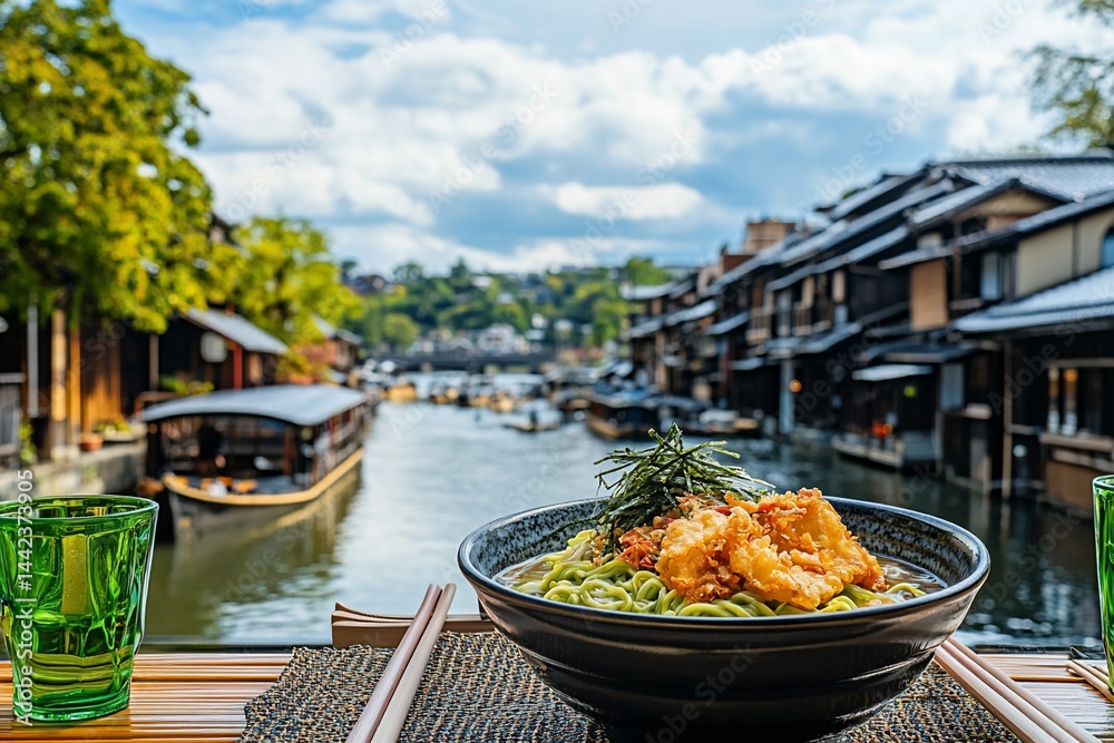 Delicious ramen noodles in a bowl with tempura shrimp, overlooking a picturesque canal in a historic town.