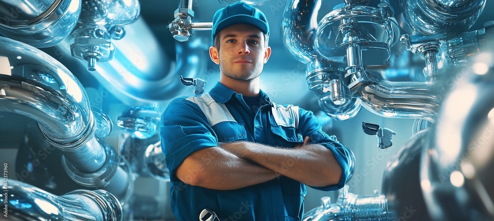 Confident male industrial worker with arms crossed, standing in front of large machinery.
