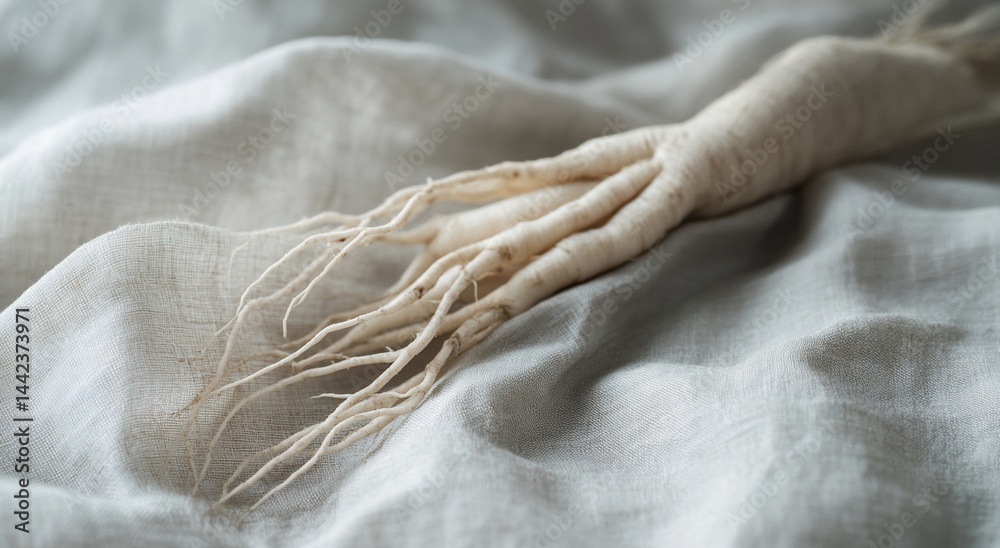 Close-up of a whole ginseng root on white fabric.