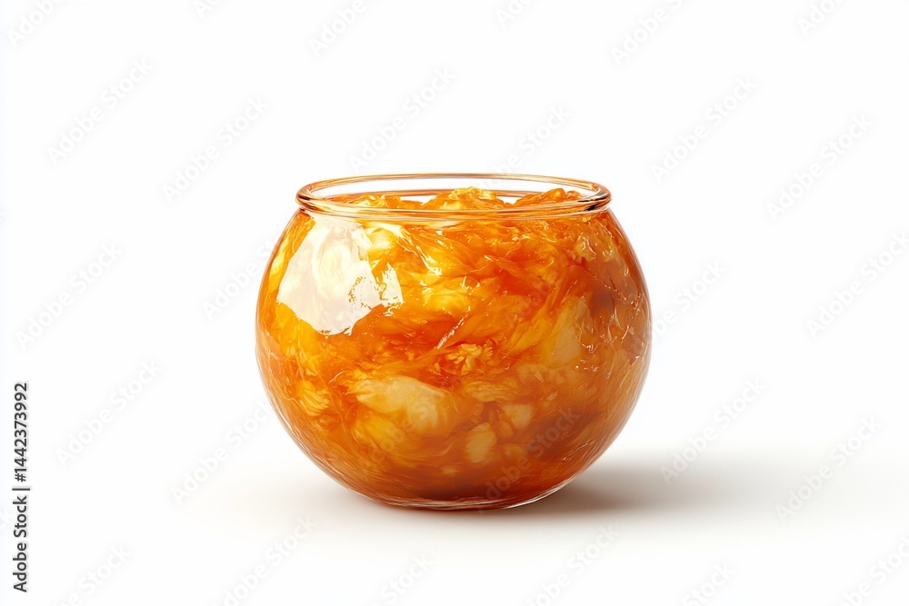Sweet orange marmalade in a glass bowl on white background.