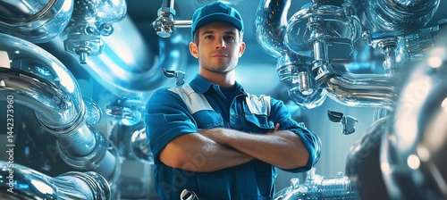 Obraz na płótnie Confident male industrial worker with arms crossed, standing in front of large machinery. w salonie