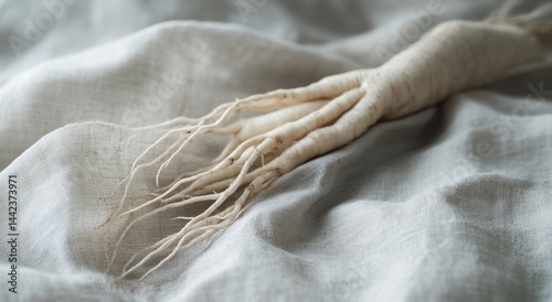 Obraz na płótnie Close-up of a whole ginseng root on white fabric. w salonie