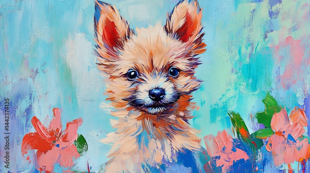 Adorable puppy portrait in vibrant floral setting, painted with thick brushstrokes.