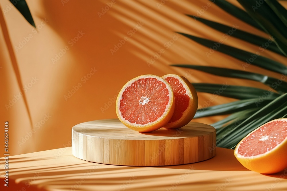 Two juicy grapefruit halves on a wooden board, with palm leaves casting shadows on an orange background. (1)