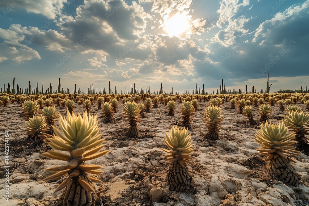 Sunlit agave plants thriving in arid landscape under a dramatic sky.