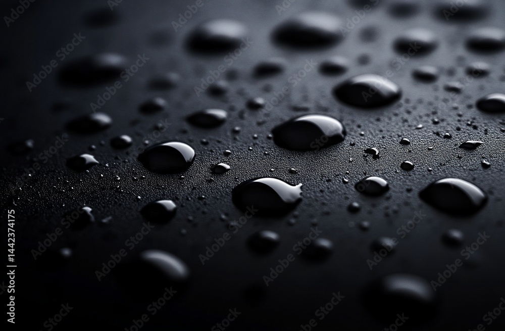 Close-up of water droplets on a dark surface.