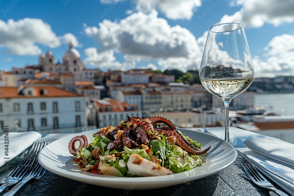 Grilled octopus salad with white wine, overlooking a picturesque cityscape.